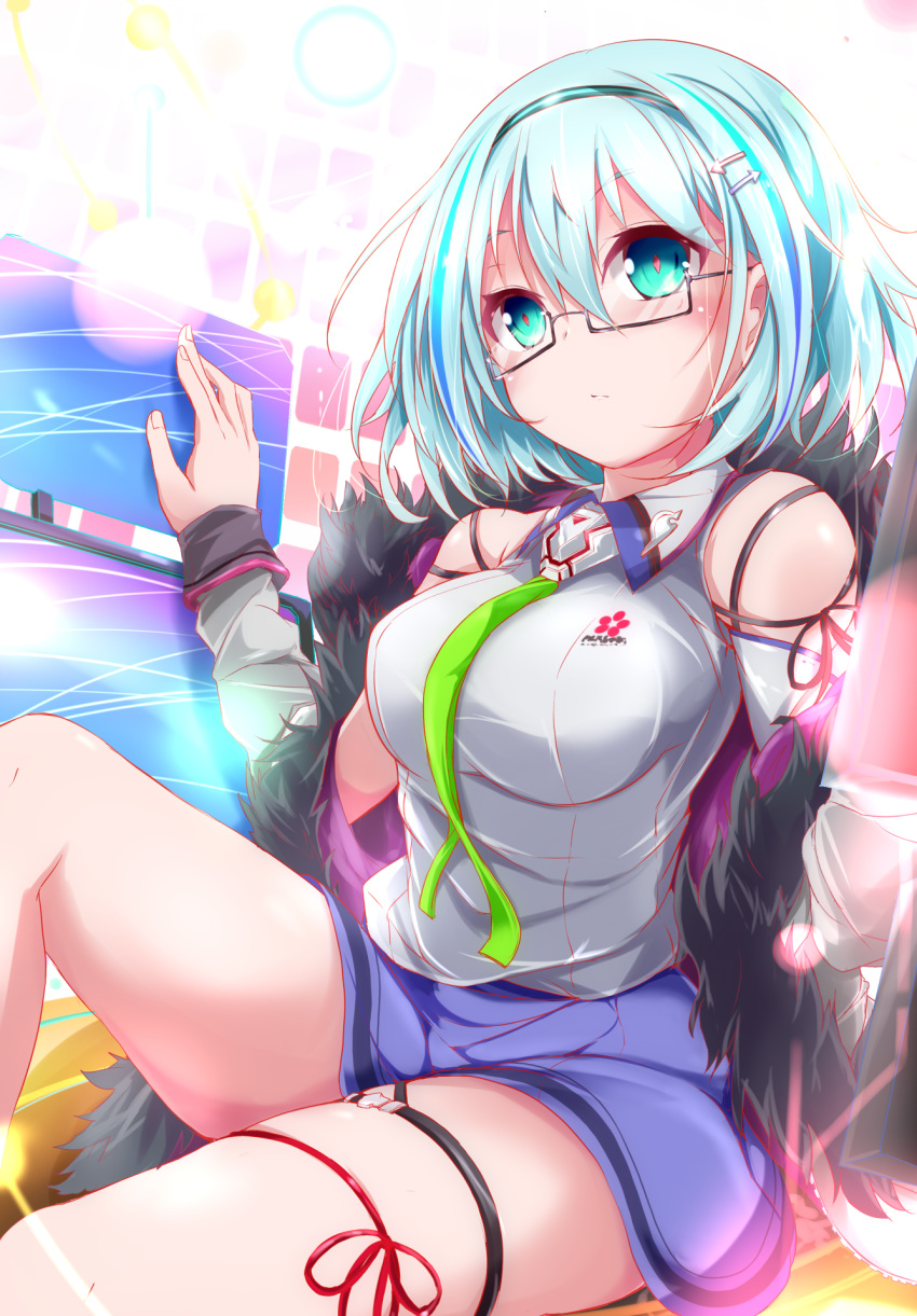 aqua_eyes aqua_hair commentary_request crash_fever female hair_ornament highres nanaume_(shichimi_tougarashi) necktie semi-rimless_eyewear short_hair skirt thigh_strap trebla under-rim_eyewear