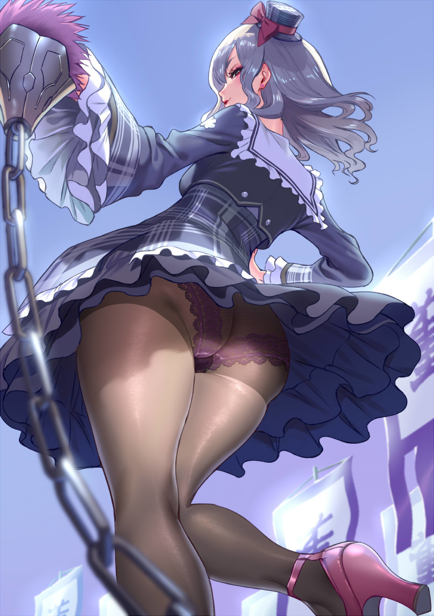 ass banner black_eyes black_pantyhose blue_dress blue_sky blush breasts chains closed_mouth commentary day dong_bai_(sangokushi_senhime) dress earrings female fishnet_panties frilled_shirt_collar frilled_sleeves frills from_behind from_below grey_hair gusset high_heels highres holding jewelry lace lace-trimmed_panties lace_trim layered_dress leg_up long_hair long_sleeves medium_breasts outdoors panties pantyhose plaid plaid_dress purple_footwear purple_panties sailor_collar seductive_smile shin_sangoku_musou sky smile smoke_(flyx21) solo standing standing_on_one_leg stud_earrings underwear wavy_hair white_sailor_collar wide_sleeves