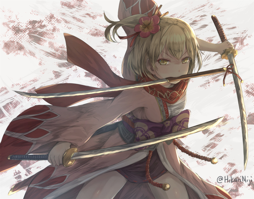 blonde_hair bow breasts commentary djeeta_(granblue_fantasy) english_commentary female flower granblue_fantasy hadanugi_dousa hair_flower hair_ornament highres hikari_niji holding holding_sword holding_weapon japanese_clothes katana kengo_(granblue_fantasy) kimono long_sleeves looking_at_viewer medium_breasts mouth_hold obi open_clothes open_kimono pink_flower pink_kimono purple_bow red_scarf sarashi sash scarf short_hair solo standing sword triple_wielding twitter_username weapon wide_sleeves yellow_eyes