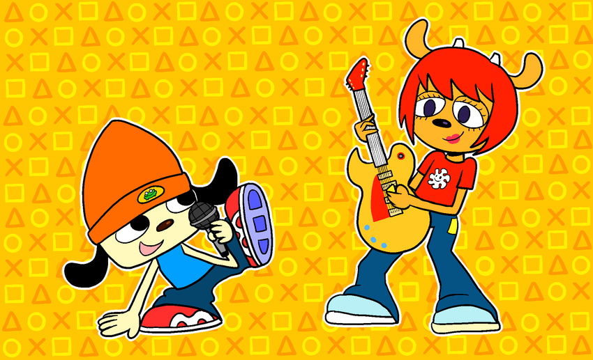 clothed clothing digital_media_(artwork) footwear guitar hair happy hat headgear headwear hi_res lammy_lamb les_paul musical_instrument open_mouth parappa parappa_the_rapper playing_guitar playing_music plucked_string_instrument shirt shoes short_hair smile sony_corporation sony_interactive_entertainment spongethesquid string_instrument topwear um_jammer_lammy