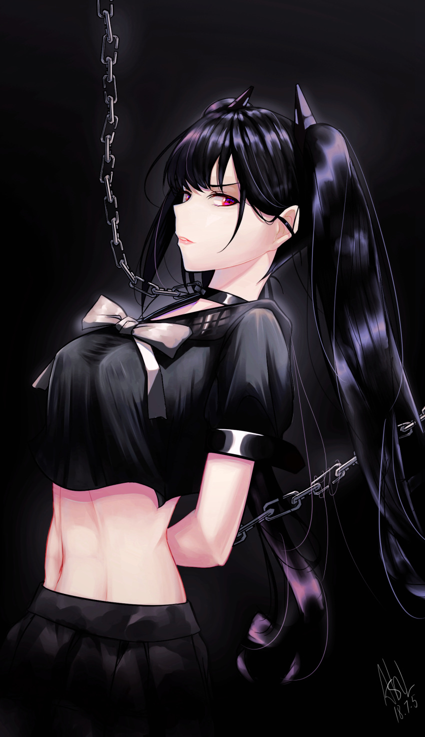 arms_behind_back asil black_background black_hair black_serafuku black_skirt bondage bound bound_arms bow breasts chains chinese_commentary collar collarbone commentary_request dated female girls'_frontline half-closed_eyes headgear highres long_hair looking_at_viewer medium_breasts navel ouroboros_(girls'_frontline) parted_lips red_eyes sangvis_ferri school_uniform serafuku sidelocks signature simple_background skirt solo tsurime twintails very_long_hair