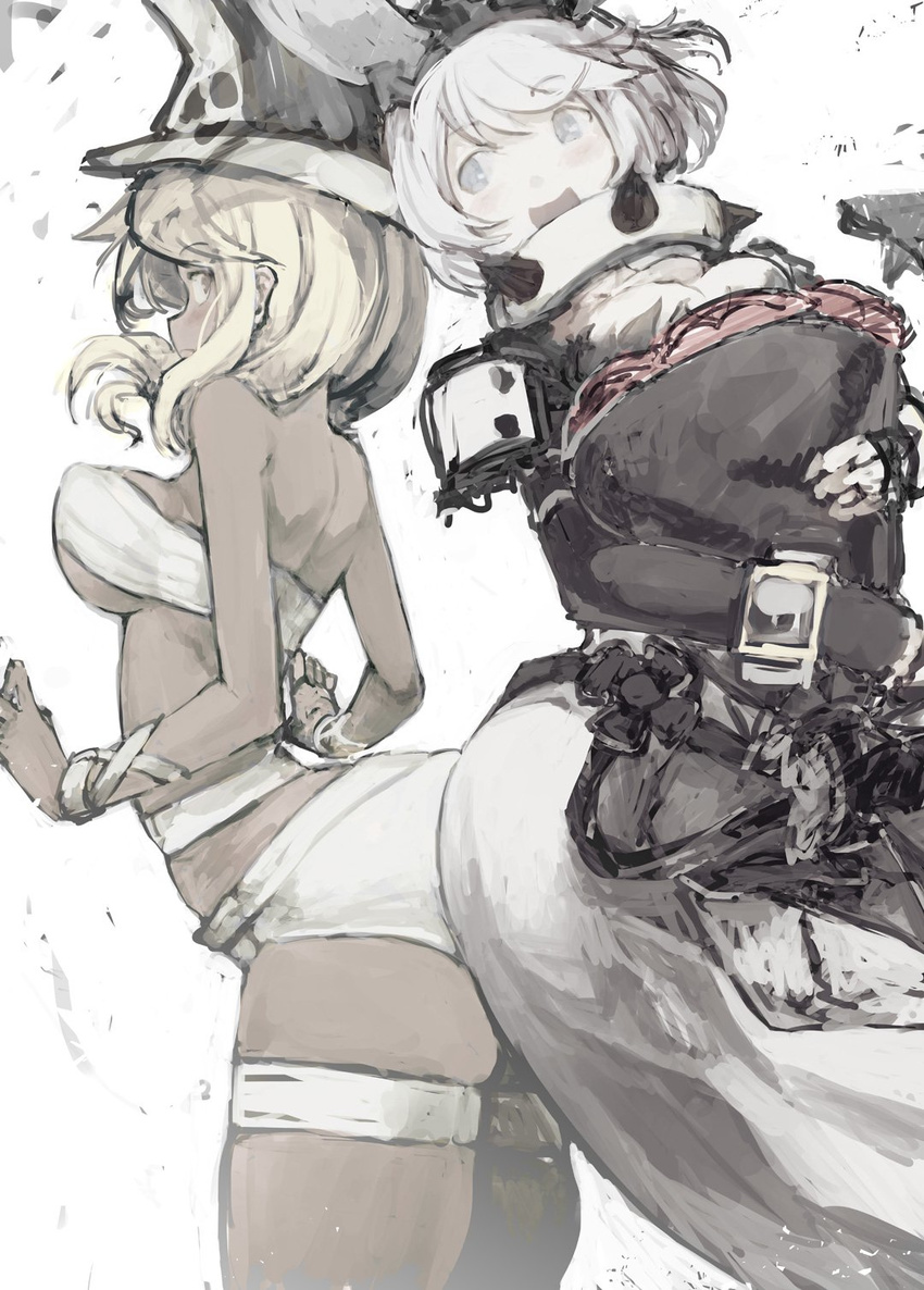 2girls ass-to-ass bad_id bad_twitter_id belt belt_bra blue_eyes blush breasts cape cleavage clover commentary_request dark-skinned_female dark_skin dress earrings elphelt_valentine flower four-leaf_clover gloves guilty_gear guilty_gear_xrd hairband hat highres jewelry large_breasts long_hair looking_at_viewer medium_breasts multiple_girls navel orange_eyes ramlethal_valentine short_hair short_shorts shorts siblings sisters smile spikes spoilers tefec thigh_strap underboob veil white_hair