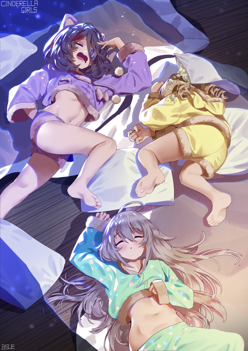 3girls absurdres ahoge animal_hood arm_up artist_name bare_legs barefoot blush bow bsue cat_hood closed_eyes commentary copyright_name drill_hair drooling eyepatch flat_chest food_print full_body fur_trim futon green_pajamas grey_hair hand_on_own_hip hand_to_forehead hayasaka_mirei highres hood hood_down hood_up hooded_pajamas hoshi_syoko idolmaster idolmaster_cinderella_girls idolmaster_cinderella_girls_starlight_stage individuals_(idolmaster) indoors long_hair lying medium_hair meme messy_sleeper midriff morikubo_nono multicolored_hair multiple_girls mushroom_print navel night no_nose on_back on_floor on_side open_mouth pajamas pants pillow purple_hair purple_pajamas ringlets short_shorts shorts signature sleeping sleeves_past_wrists stomach streaked_hair very_long_hair wooden_floor yamcha_pose_(meme) yellow_pajamas