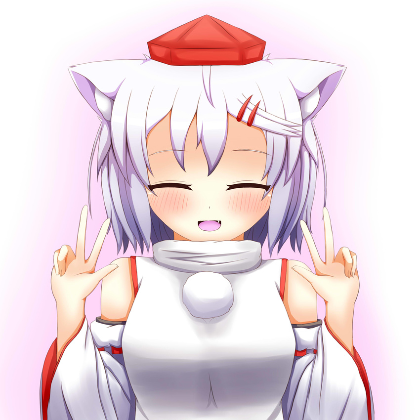 absurdres animal_ears banned_artist bare_shoulders blush breasts closed_eyes detached_sleeves double_v hair_ornament hairclip happy hat highres inubashiri_momiji medium_breasts oerba_yun_fang oohirakeisuke open_mouth pom_pom_(clothes) short_hair silver_hair solo tokin_hat touhou v wolf_ears