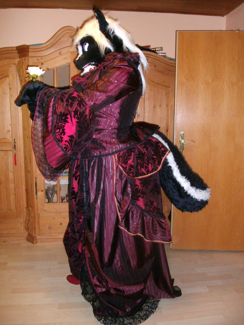 absurd_res alternative_fashion anthro atanlonthedeer aurasoul_(artist) boots bustle clothing costume dress flower footwear fursuit goth hi_res mammal mephitid plant rose_(flower) skunk tarwenlhoriel twillight_(twillightskunk) victorian