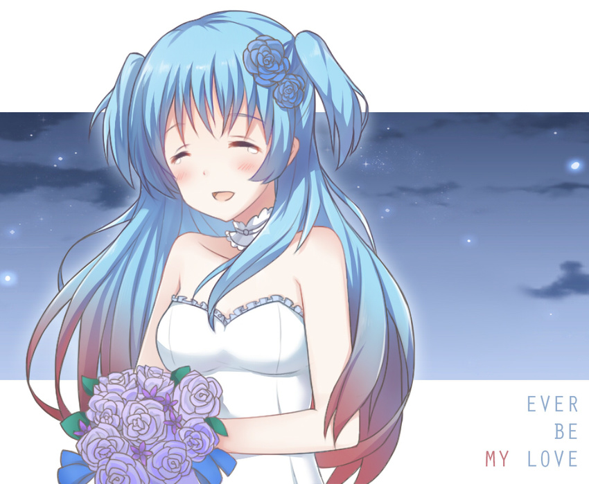 blue_eyes blue_hair bride chtholly_nota_seniorious commentary dress female flower long_hair multicolored_hair purple_flower purple_rose red_hair rose shuumatsu_nani_shitemasu_ka? solo tsukimiya_yuuko very_long_hair wedding_dress