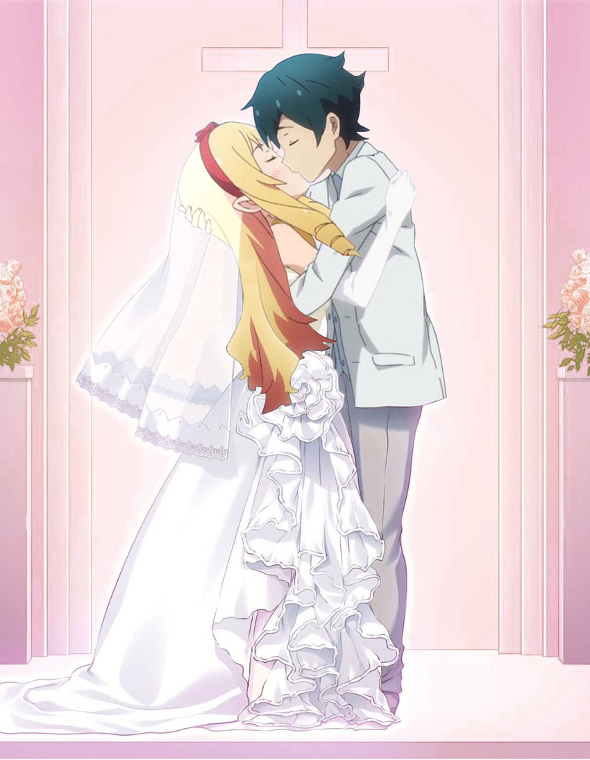 artist_request black_hair closed_eyes cross dress drill_hair elbow_gloves eromanga_sensei full_body gloves izumi_masamune kissing long_hair plant pointy_ears profile short_hair standing suit wedding wedding_dress wedding_veil white_dress white_gloves yamada_elf