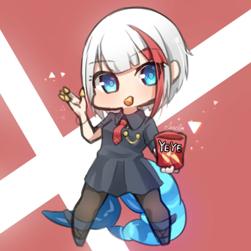 admiral_graf_spee_(azur_lane) admiral_graf_spee_(girl's_sunday)_(azur_lane) aiguillette artist_name azur_lane bag_of_chips black_dress black_pantyhose blue_eyes bugles_(food) bugles_on_fingers chibi commentary_request dress female fins fish_tail food_in_mouth food_on_hand full_body grey_hair multicolored_hair necktie official_alternate_costume pantyhose red_background red_hair seele0907 short_hair solo standing streaked_hair tail two-tone_background white_background