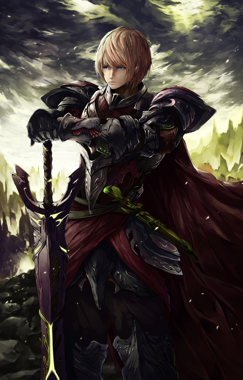 armor bad_id bad_pixiv_id blonde_hair blue_eyes highres knight pixiv_fantasia pixiv_fantasia_fallen_kings solo solru sword weapon