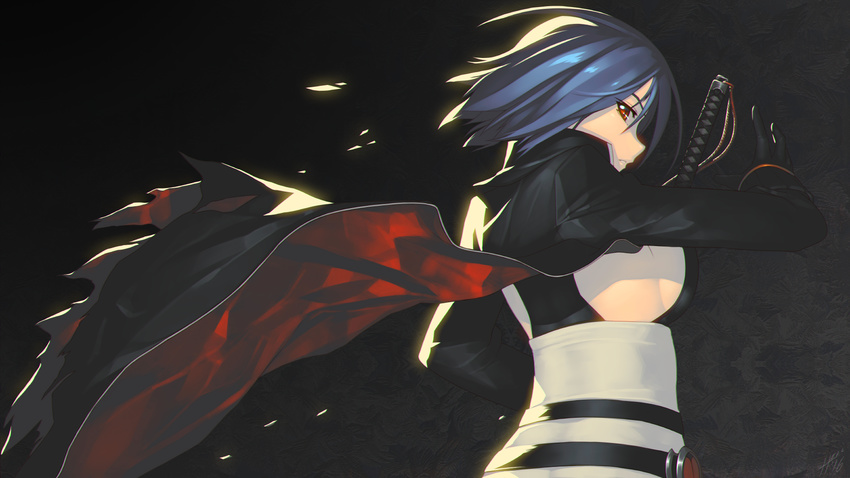 ayane_ichijou blue_hair breasts commentary_request female gloves hell_machina highres jacket large_breasts looking_at_viewer looking_back red_eyes short_hair sideboob solo soukou_akki_muramasa spoilers sword weapon