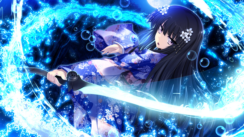 black_hair female female game_cg hair_ornament headdress jewelry kimono koiken_otome long_hair minato_shiho open_mouth purple_eyes solo tateha_(artist) traditional_clothes wafuku