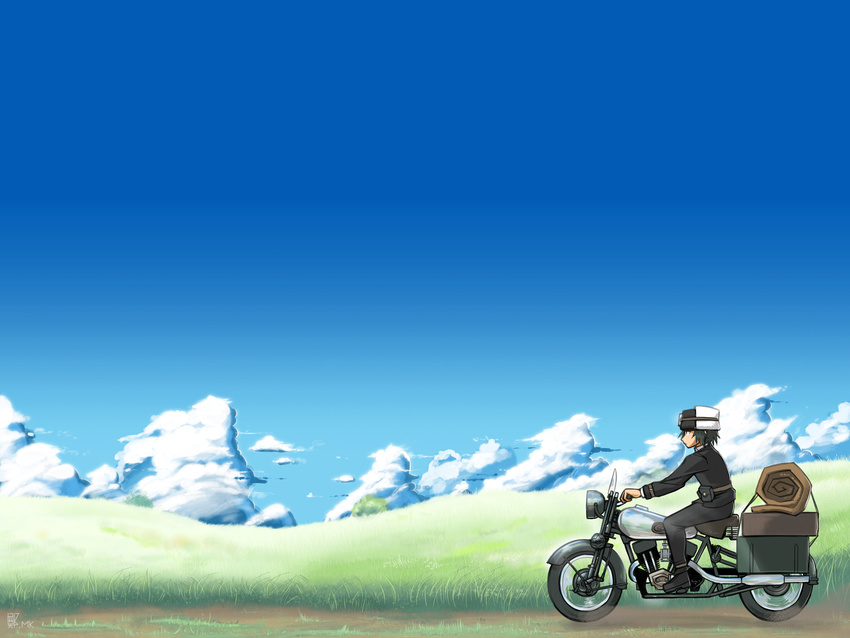 androgynous bad_id bad_pixiv_id black_hair brough_superior cloud coat day female field fur_hat grass hat hermes_(kino_no_tabi) highres kino_(kino_no_tabi) kino_no_tabi motor_vehicle motorcycle mountain mugcan outdoors photoshop_(medium) reverse_trap short_hair sky