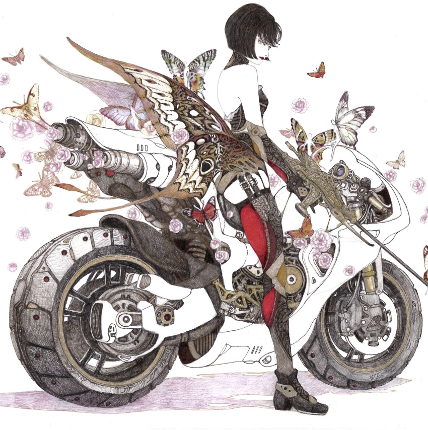 bare_shoulders black_hair bug butterfly butterfly_wings female flower gun highres insect_wings leotard lipstick makeup motor_vehicle motorcycle original red_lips rifle rose sasamoto_masaaki short_hair sitting solo weapon white_background wings