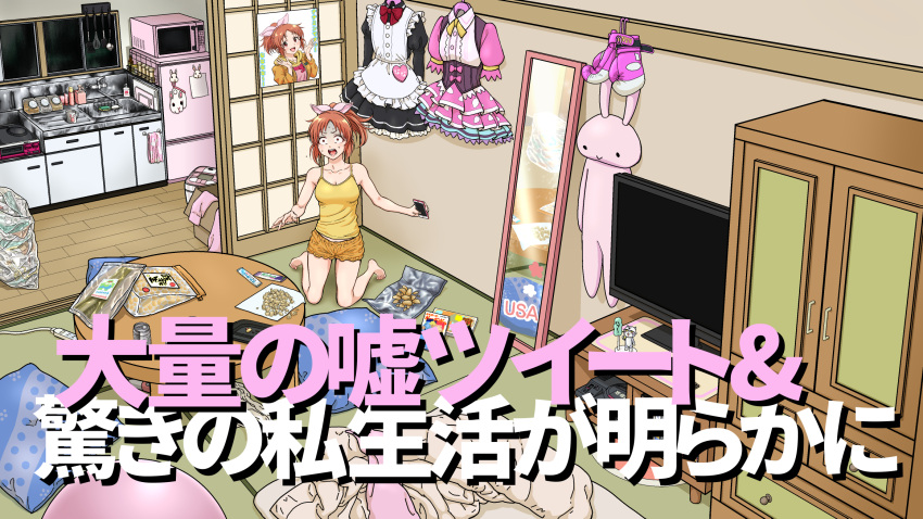 abe_nana barefoot camisole commentary_request dress female highres idolmaster idolmaster_cinderella_girls indoors kitchen kneeling mirror orange_hair oyanaku pillow ponytail shorts solo stuffed_animal stuffed_rabbit stuffed_toy suiyoubi_no_downtown table television translation_request unworn_clothes wardrobe