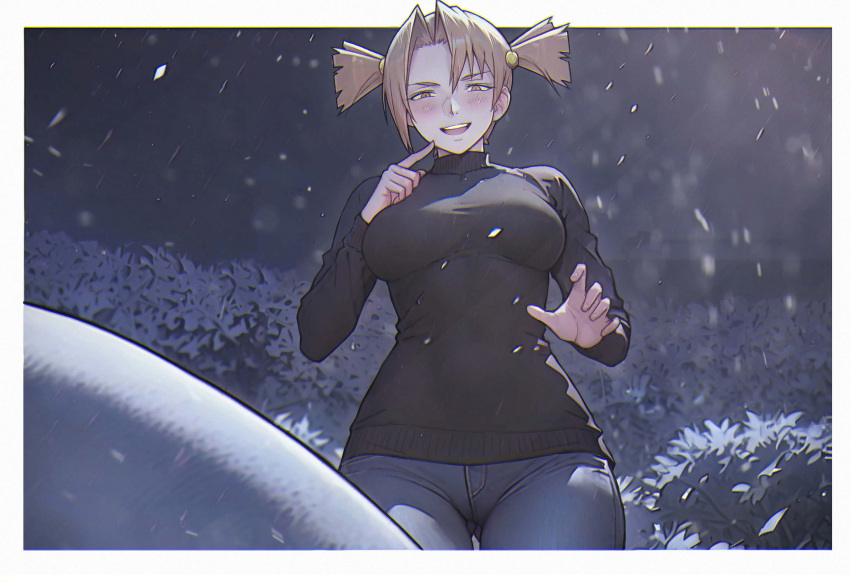 2ch.ru absurdres black_sweater blush border breasts denim dvach-tan female grey_pants hand_up highres jeans large_breasts leonzo long_sleeves looking_at_viewer night night_sky orange_eyes orange_hair outdoors outside_border pants short_hair short_twintails sky snow snowing solo standing sweater turtleneck turtleneck_sweater twintails white_border winter