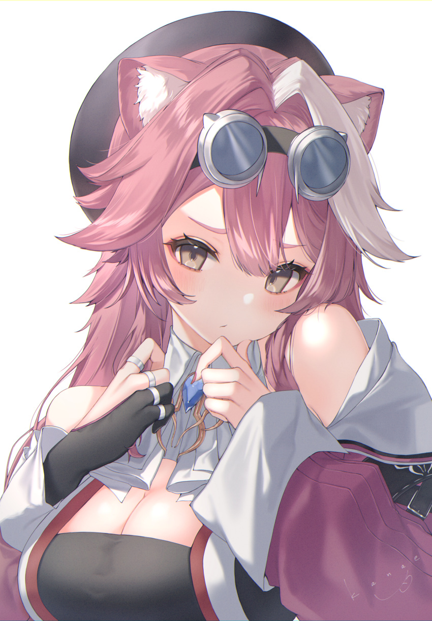 absurdres animal_ear_fluff animal_ears ascot beret black_gloves black_hat black_tank_top blush breasts cleavage closed_mouth coat commentary eyeshadow female fingernails gloves goggles goggles_on_head half_gloves hat highres hololive hololive_english jewelry kanae_(inorin05kanae) large_breasts long_hair long_sleeves looking_at_viewer makeup multicolored_hair nail_polish open_clothes open_coat panther_ears panther_girl pink_coat pink_eyeshadow pink_hair pink_nails raora_panthera raora_panthera_(1st_costume) ring signature simple_background single_half_glove solo streaked_hair tank_top two-tone_hair vest virtual_youtuber white_ascot white_background white_hair white_vest yellow_eyes