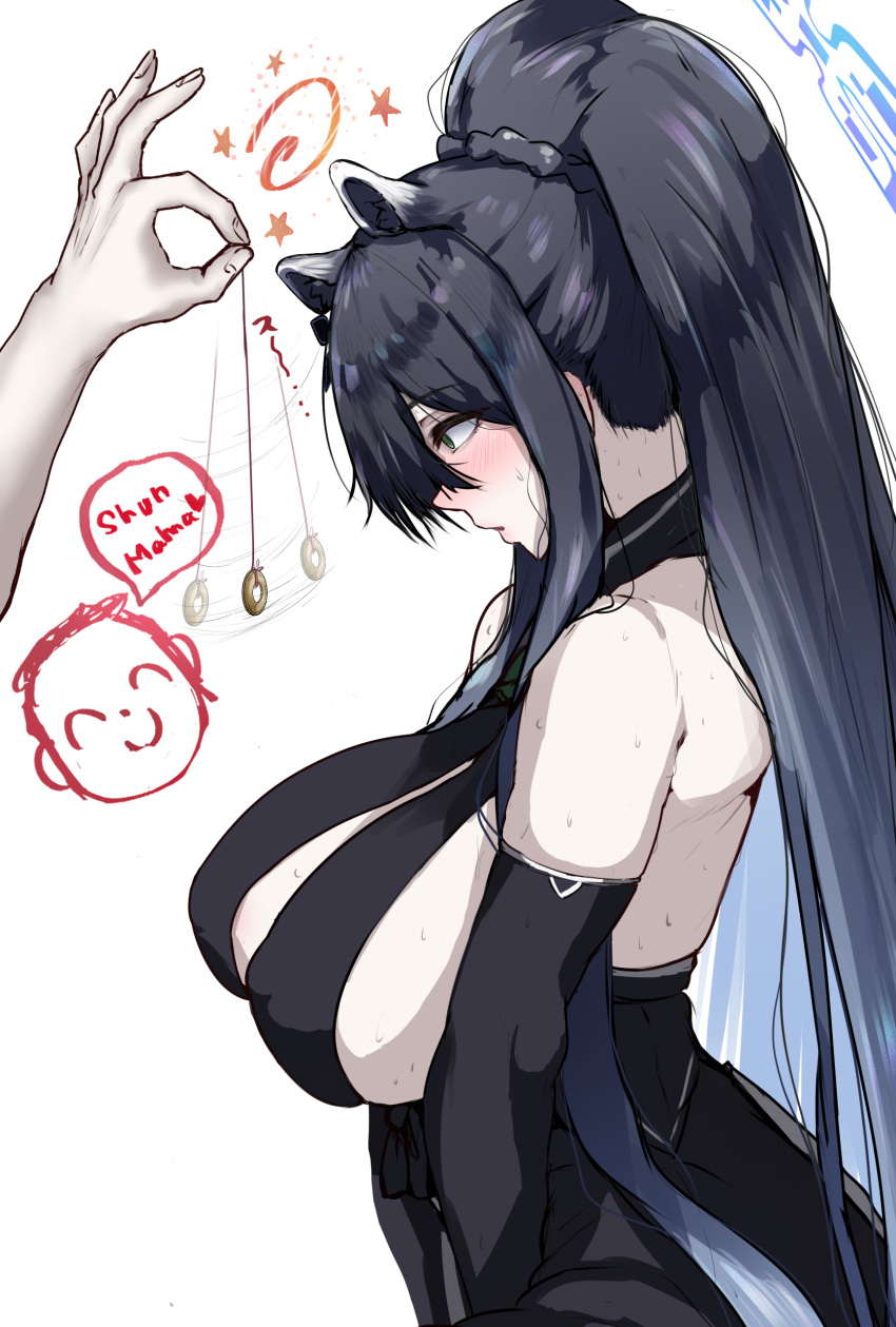 1boy absurdres animal_ears bare_shoulders black_dress black_gloves black_hair blue_archive blush breasts china_dress chinese_clothes coin coin_on_string doodle_sensei_(blue_archive) dress elbow_gloves female gloves green_eyes halo highres hypnosis kobazakura_mikoto large_breasts long_hair mind_control ponytail sensei_(blue_archive) shun_(blue_archive) tiger_ears tiger_girl