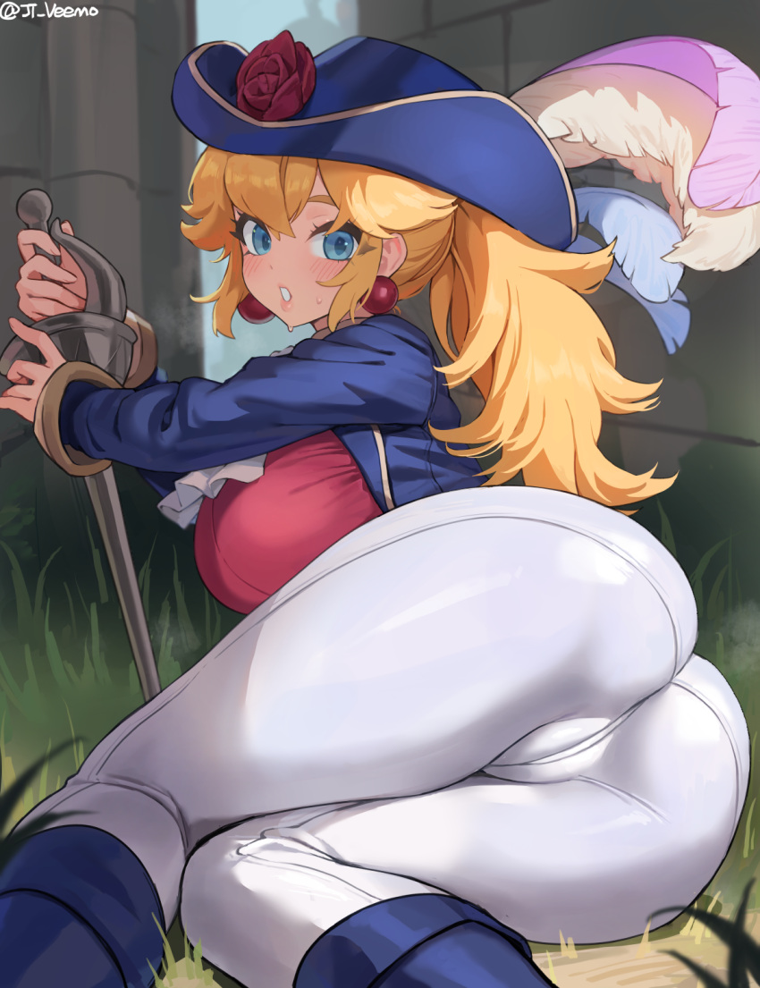 ass blonde_hair blue_eyes blue_footwear blue_hat boots breasts commentary earrings english_commentary female grass hat highres holding holding_sword holding_weapon jewelry jtveemo large_breasts long_hair long_sleeves looking_at_viewer mario_(series) pants princess_peach princess_peach:_showtime! red_shirt shirt solo sword swordfighter_peach twitter_username weapon white_pants