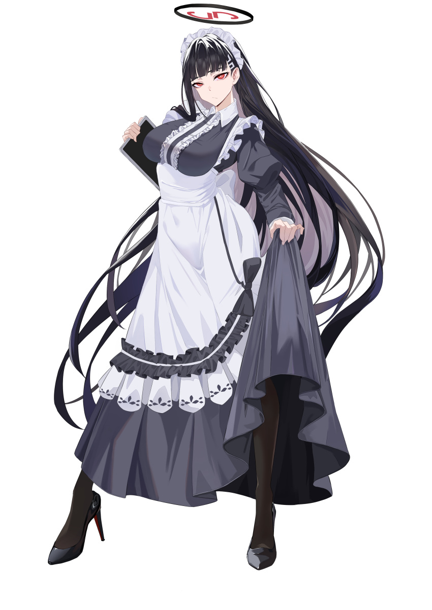 absurdres apron black_dress black_hair black_halo blue_archive bright_pupils dress female frilled_apron frills hair_ornament hairclip hairpin halo highres maid maid_apron maid_headdress red_eyes rio_(blue_archive) solo waist_apron white_apron white_pupils z531525600