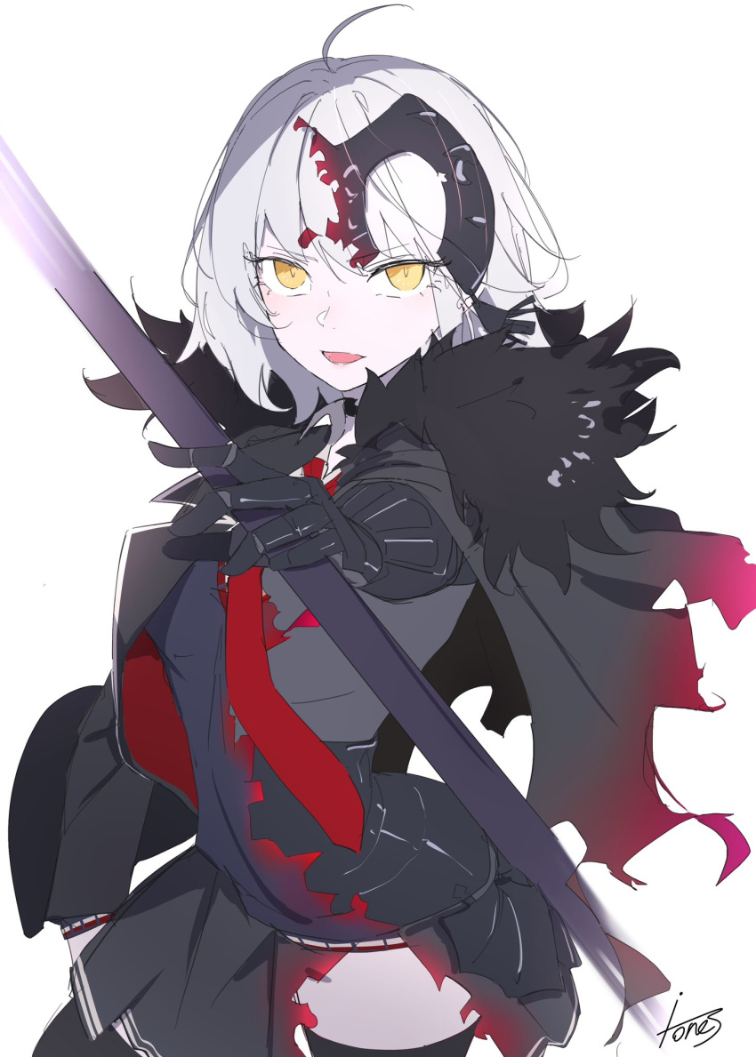 ahoge armor armored_dress black_cloak black_dress black_thighhighs breasts chains cloak collar dress fate/grand_order fate_(series) faulds female fur_collar gauntlets grey_hair headpiece highres jeanne_d'arc_alter_(avenger)_(fate) jeanne_d'arc_alter_(fate) large_breasts looking_at_viewer metal_collar open_mouth outstretched_arm plackart polearm ri_o_ne_su short_hair thighhighs weapon yellow_eyes