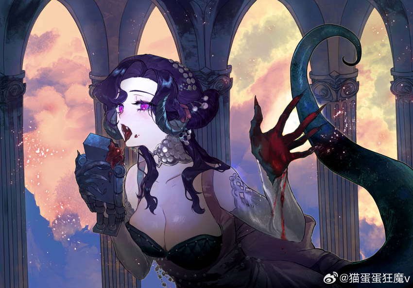 anjo_nala arch bare_shoulders black_hair black_horns blood blood_on_hands breasts cleavage cloud cloudy_sky column curled_horns demon_horns dress elbow_gloves female gloves green_tail grey_gloves hands_up highres holding holding_toy horns large_breasts lizard_tail long_hair looking_at_viewer low_horns mao_dandan_kuangmo_v open_mouth pillar pink_dress purple_eyes reverse:1999 sky sleeveless sleeveless_dress solo tail tongue tongue_out toy toy_robot upper_body weibo_logo weibo_watermark yellow_sky