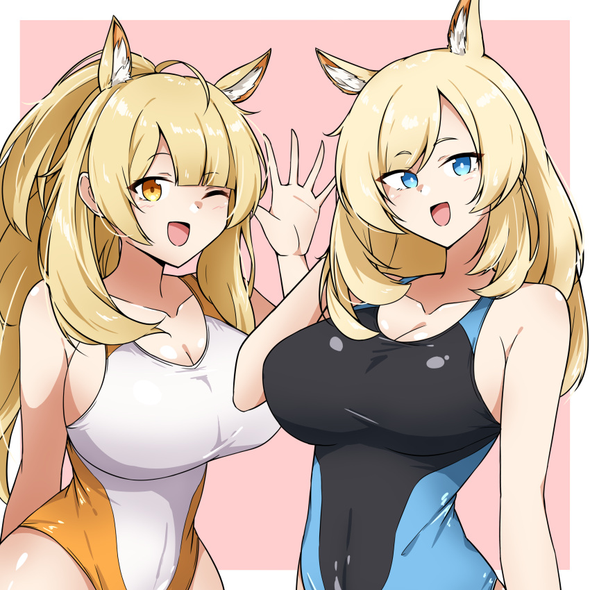 2girls ;d absurdres alternate_costume animal_ear_fluff animal_ears arknights arm_up black_one-piece_swimsuit blemishine_(arknights) blonde_hair blue_eyes blue_one-piece_swimsuit border breasts bright_pupils cleavage collarbone commentary_request commission cowboy_shot english_commentary hand_in_own_hair highleg highleg_one-piece_swimsuit highres large_breasts long_hair looking_at_viewer mixed-language_commentary multiple_girls one-piece_swimsuit one_eye_closed open_mouth outside_border pink_background simple_background skeb_commission smile standing swimsuit waving whislash_(arknights) white_border white_one-piece_swimsuit white_pupils xibu_cai yellow_eyes