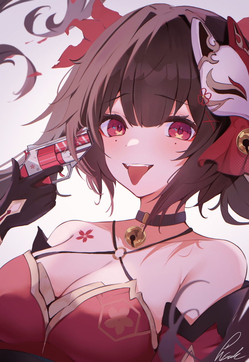 absurdres bare_shoulders bell black_choker black_gloves breasts brown_hair choker cleavage criss-cross_halter detached_sleeves dress facial_mark female gloves gun halterneck highres holding holding_gun holding_weapon honkai:_star_rail honkai_(series) jingle_bell large_breasts looking_at_viewer mark_under_both_eyes mask mask_on_head pisuke_(user_kcmh2774) red_dress revolver smile solo sparkle_(honkai:_star_rail) tongue tongue_out upper_body weapon