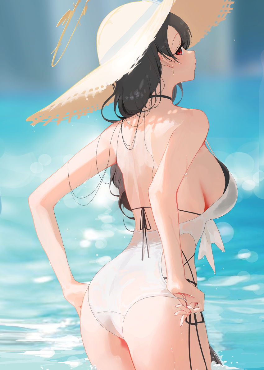 absurdres ass back bare_arms bikini black_bikini black_hair blue_archive blush breasts brown_hat commentary double_bikini female from_behind halo hat highres hinata_(blue_archive) hinata_(swimsuit)_(blue_archive) large_breasts layered_swimsuit long_hair looking_at_viewer looking_back low-braided_long_hair low-tied_long_hair ocean official_alternate_costume official_alternate_hairstyle oh_(aung_ae) one-piece_swimsuit outdoors red_eyes solo straw_hat sun_hat swimsuit thighs very_long_hair white_one-piece_swimsuit yellow_halo