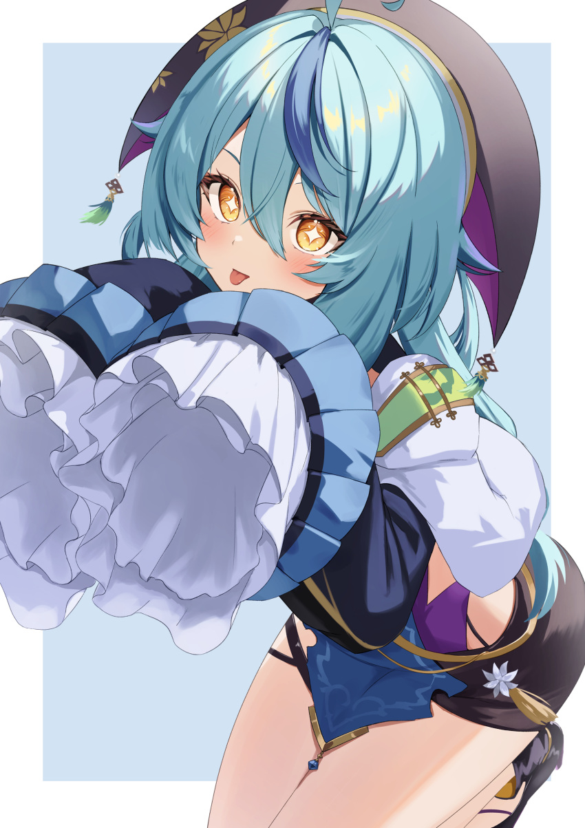 absurdres ahoge blue_hair blush clothing_cutout diamond-shaped_pupils diamond_(shape) female frilled_sleeves frills hair_between_eyes hat highres long_hair long_sleeves nijisanji side_cutout sleeves_past_fingers sleeves_past_wrists solo squatting symbol-shaped_pupils takechi49 tamanoi_nana thighs tongue tongue_out virtual_youtuber yellow_eyes