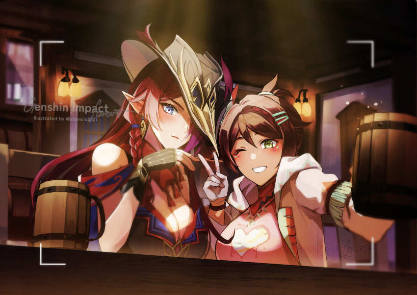 2girls alcohol artist_name bandana bandana_around_neck bar_(place) bare_shoulders beer beer_mug blue_eyes blush braid breasts brown_hair chasca_(genshin_impact) chuychu_(genshin_impact) cleavage closed_mouth commentary_request copyright_name counter cowboy_hat cup earrings from_below genshin_impact gloves green_eyes grey_gloves grin hair_intakes hair_ornament hair_over_one_eye hairclip hat highres hood hooded_coat indoors jewelry large_breasts long_hair looking_at_viewer mug multiple_girls muri_(pan'ichi_murimuri_geinin) one_eye_closed pink_shirt pointy_ears red_hair shirt smile v viewfinder