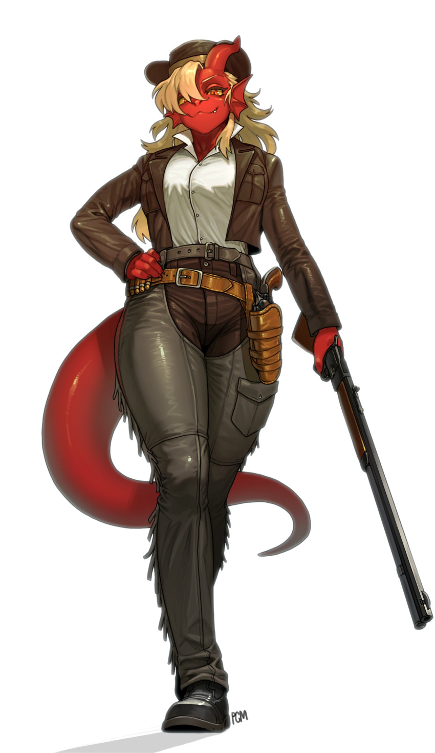 2024 5_fingers absurd_res anthro belt blonde_hair bottomwear breasts clothed clothed_anthro clothed_female clothing digital_media_(artwork) dragon female fingers footwear fully_clothed fully_clothed_anthro fully_clothed_female gun hair hand_on_hip handgun hat headgear headwear hi_res holding_gun holding_object holding_ranged_weapon holding_weapon horn jacket long_hair looking_at_viewer looking_down looking_down_at_viewer low-angle_view mythological_creature mythological_scalie mythology pants pgm300 pistol pistol_holster ranged_weapon red_body red_eyes red_horn red_skin red_tail scalie shirt shoes simple_background solo standing tail teeth topwear weapon white_background yellow_sclera