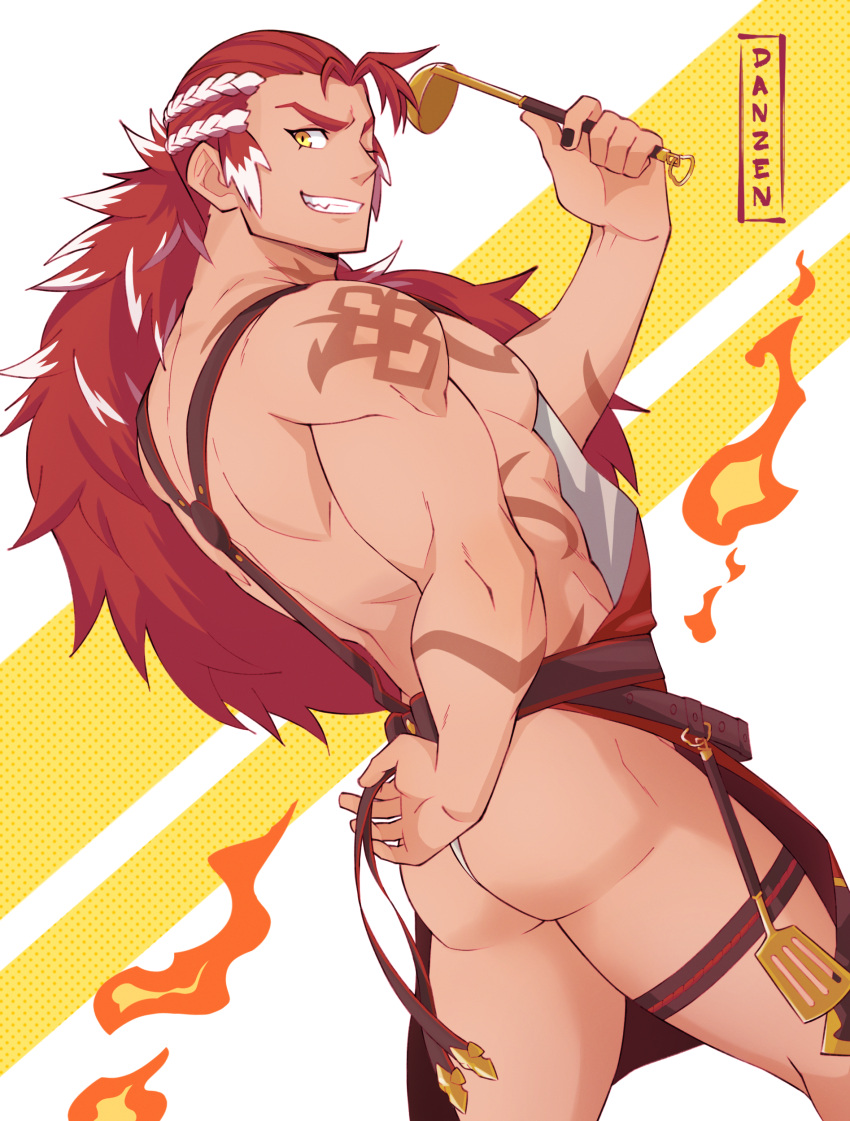 1boy absurdres apron artist_name ass back_turned bara body_markings braid danzen english_commentary fang_out fire granblue_fantasy highres holding holding_ladle ladle long_hair looking_at_viewer looking_back male_focus multicolored_hair muscular muscular_male naked_apron oerba_yun_fang one_eye_closed red_hair smirk spatula strap very_long_hair white_hair wilnas_(granblue_fantasy)