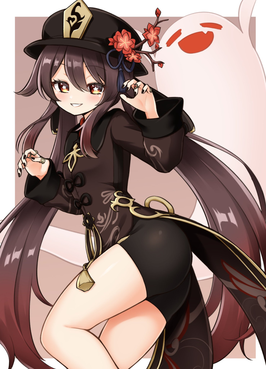 ass black_nails black_shorts blush boo_tao_(genshin_impact) brown_hair chinese_clothes coattails collared_coat female flower flower-shaped_pupils genshin_impact ghost ghost_pose hair_between_eyes hat hat_flower hat_tassel highres hu_tao_(genshin_impact) jewelry long_hair looking_at_viewer multiple_rings plum_blossoms porkpie_hat red_eyes ring shorts smile solo suwa_yasai symbol-shaped_pupils tailcoat thumb_ring twintails