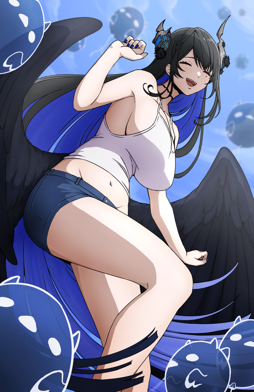 absurdres asymmetrical_horns bare_shoulders black_hair blue_hair breasts closed_eyes colored_inner_hair daydarion demon_horns english_commentary female highres hololive hololive_english horns jailbird_(nerissa_ravencroft) large_breasts long_hair low_wings mole mole_under_eye multicolored_hair nerissa_ravencroft open_mouth smile two-tone_hair uneven_horns very_long_hair virtual_youtuber wings