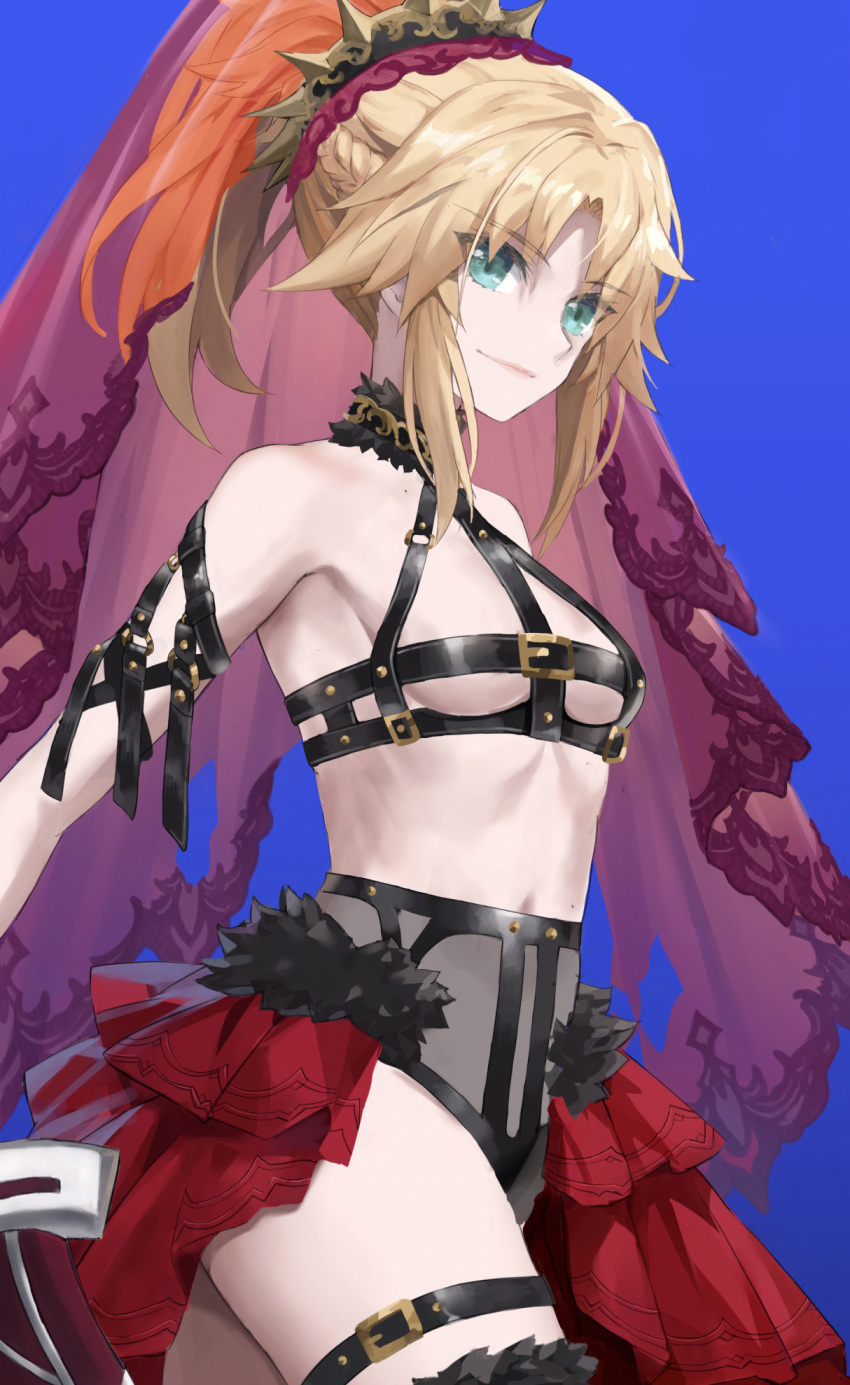 bare_shoulders blonde_hair braid breasts fate/apocrypha fate_(series) female green_eyes hair_ornament highres long_hair looking_at_viewer mordred_(fate) mordred_(fate/apocrypha) navel parted_bangs ponytail red_skirt showgirl_skirt sidelocks skirt small_breasts smile solo tonee variant_set veil