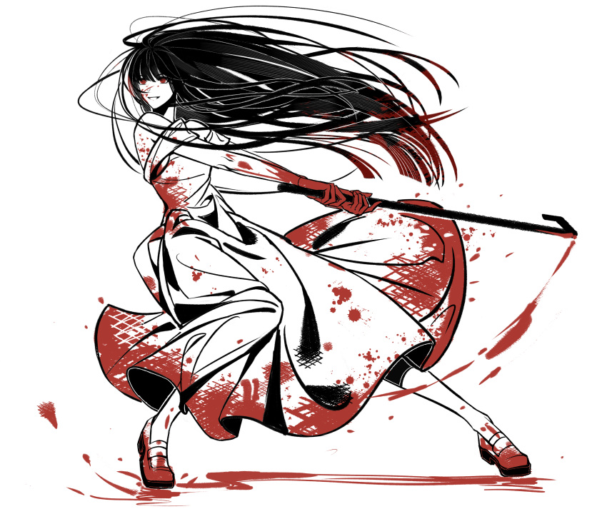 absurdres black_hair blood blood_on_clothes blood_on_face blood_on_hands blood_on_shoes character_request check_character crowbar daylily dress female floating_hair full_body highres holding holding_crowbar homicipher long_hair looking_to_the_side off-shoulder_dress off_shoulder parted_lips red_eyes simple_background smile solo the_bride_(homicipher) very_long_hair white_background white_dress white_footwear