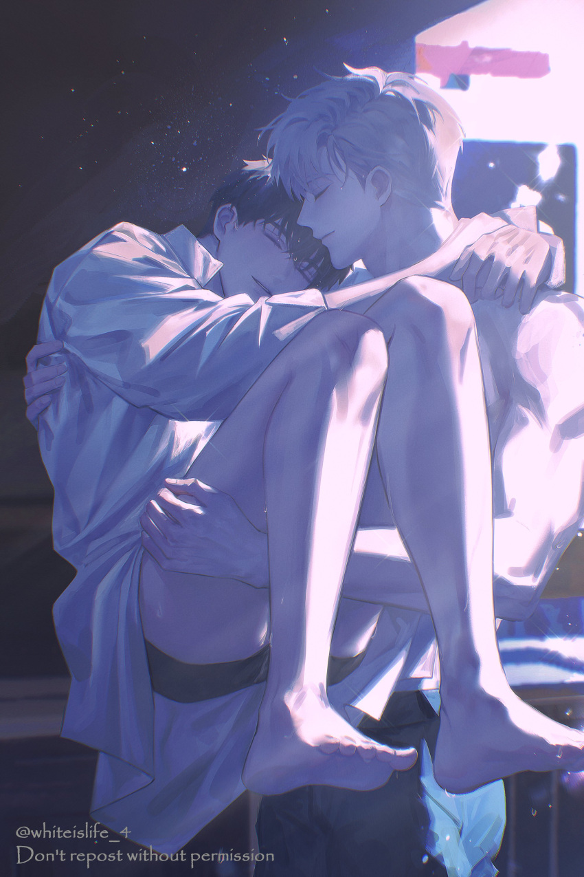 2boys absurdres arms_around_neck artist_name barefoot black_hair blue_theme carrying carrying_person closed_eyes collared_shirt commentary cowboy_shot english_commentary english_text feet hair_between_eyes hand_on_another's_back hand_on_another's_leg highres ilay_riegrow indoors jeong_taeui light_particles male_focus multiple_boys muscular muscular_male parted_lips passion_(manhwa) shirt short_hair teeth topless_male twitter_username white_hair white_shirt whiteislife_4 yaoi