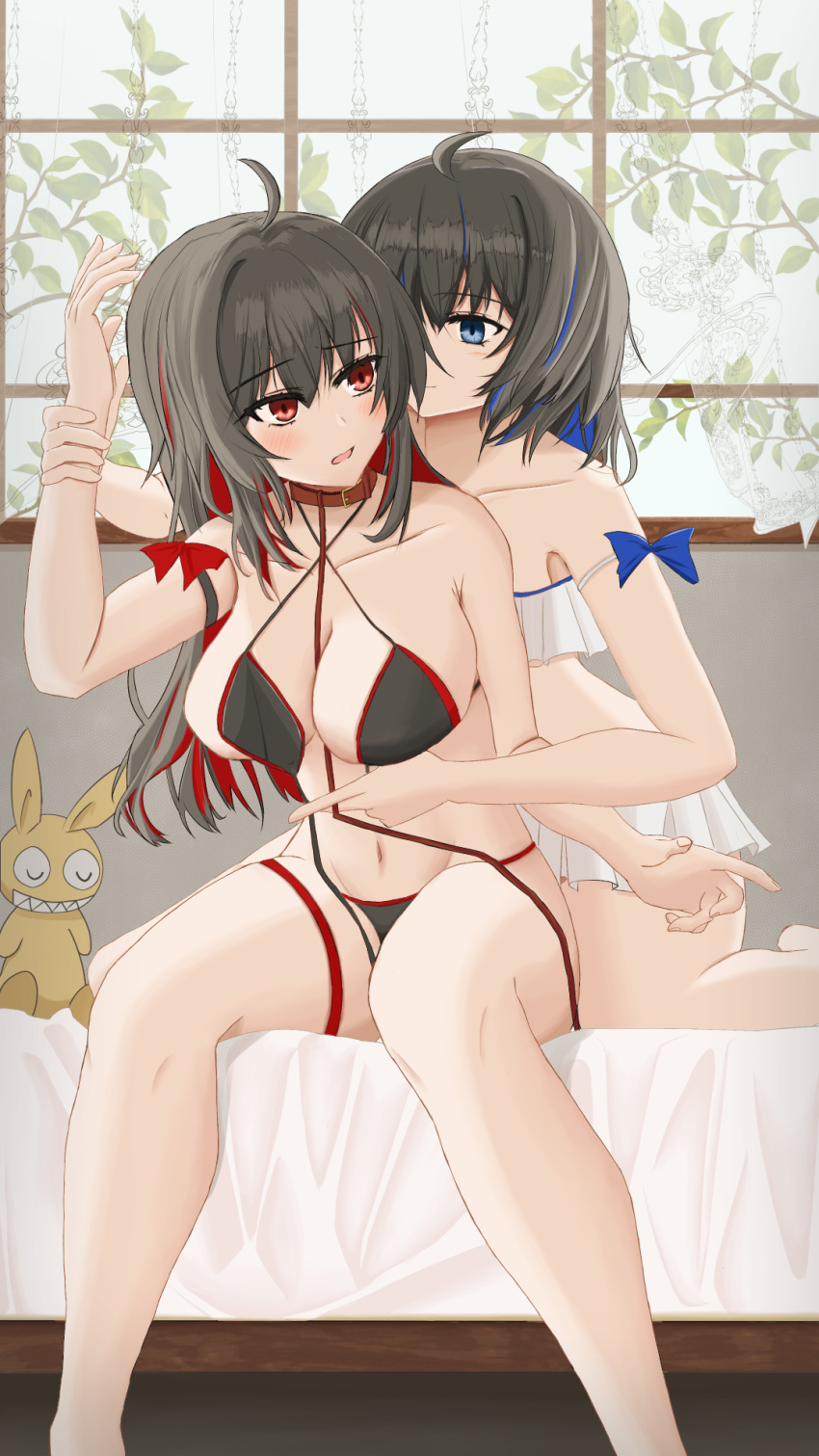 2girls ahoge bed black_hair blue_hair breasts choker highres homu_(honkai_impact) honkai_(series) honkai_impact_3rd large_breasts multicolored_hair multiple_girls red_eyes red_hair seele_(alter_ego) seele_vollerei stereolife_(extra-a) swimsuit undressing yuri