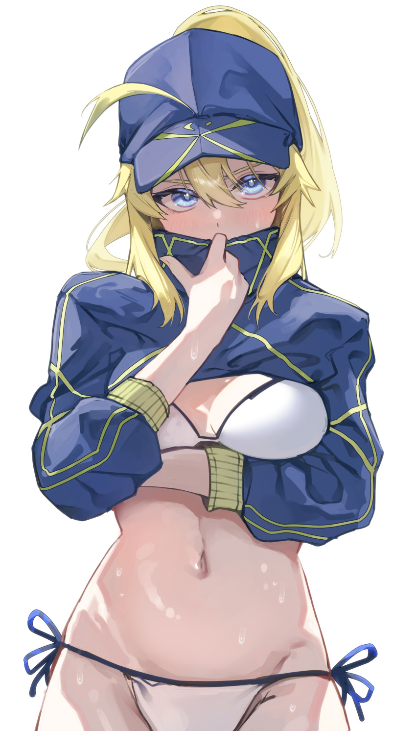 absurdres ahoge arms_under_breasts artoria_pendragon_(fate) baseball_cap bikini blonde_hair blue_eyes blue_hat blue_jacket blush breasts collar_tug cowboy_shot cropped_jacket fate/grand_order fate_(series) female hair_through_headwear hat highres jacket large_breasts looking_at_viewer mysterious_heroine_xx_(fate) navel ponytail shrug_(clothing) side-tie_bikini_bottom simple_background solo stomach swimsuit tadano1129 white_background white_bikini wristband