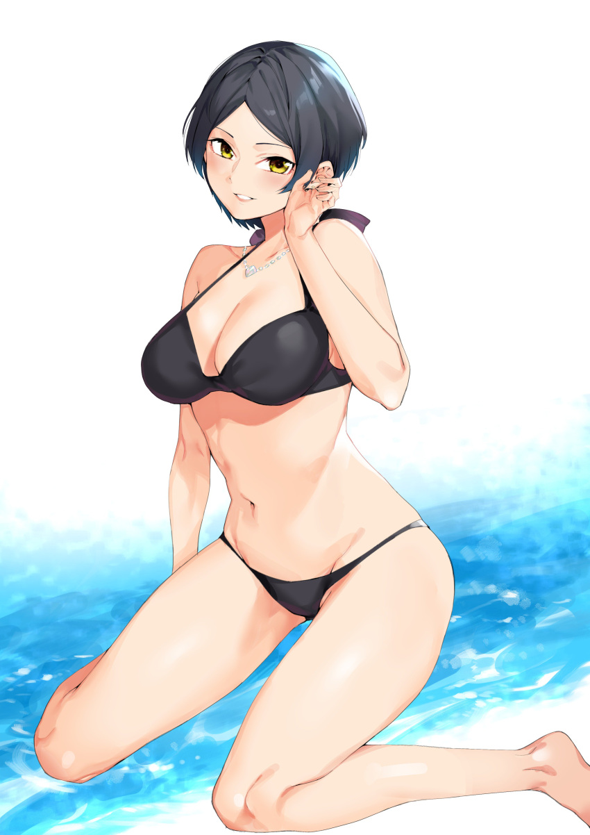 absurdres barefoot bikini black_bikini black_hair blush breasts female hayami_kanade highres idolmaster idolmaster_cinderella_girls jewelry looking_at_viewer medium_breasts menea necklace short_hair smile solo swimsuit yellow_eyes