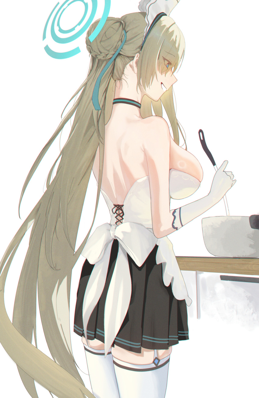 apron asuna_(blue_archive) back bare_back bare_shoulders black_choker black_skirt blue_archive blue_eyes blue_halo braid braided_bun breasts choker cooking cooking_pot corset cross-laced_clothes cross-laced_corset eyes_visible_through_hair female from_behind garter_straps gloves hair_bun hair_ornament hair_over_one_eye hair_ribbon halo highres holding holding_ladle kitchen ladle large_breasts light_brown_hair lone_nape_hair long_hair looking_down maid_headdress nadenadesuki nape open_mouth pleated_skirt ribbon simple_background single_hair_bun skirt smile solo strapless thighhighs very_long_hair waist_apron white_apron white_background white_corset white_gloves white_thighhighs zettai_ryouiki