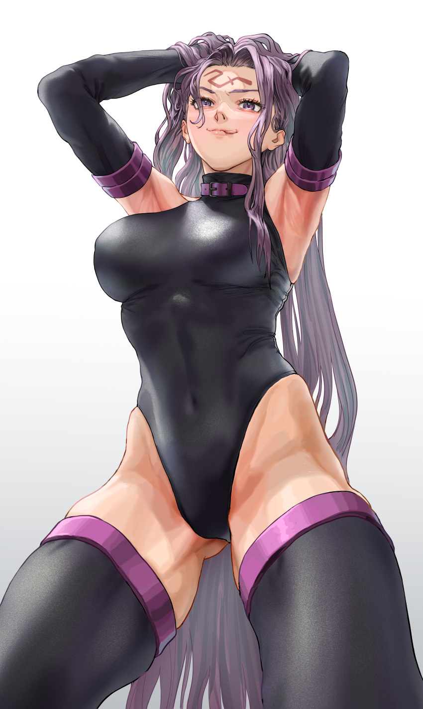 absurdres armpits arms_behind_head black_gloves black_leotard black_thighhighs breasts commentary covered_navel elbow_gloves facial_mark fate/grand_order fate_(series) female forehead_mark gloves highleg highleg_leotard highres large_breasts leotard licking_lips long_hair looking_at_viewer medusa_(fate) medusa_(rider)_(fate) purple_eyes purple_hair solo thighhighs tongue tongue_out tonko_from very_long_hair