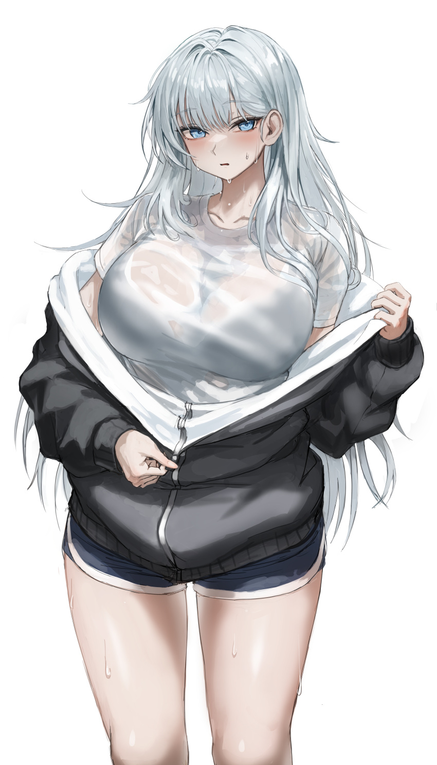 absurdres black_jacket blue_eyes blue_shorts breasts collarbone cowboy_shot female grey_hair highres jacket large_breasts legs long_hair long_sleeves m.k_(mr.k) original shirt short_sleeves shorts simple_background solo standing t-shirt thighs unzipping wet wet_clothes wet_shirt white_background zipper