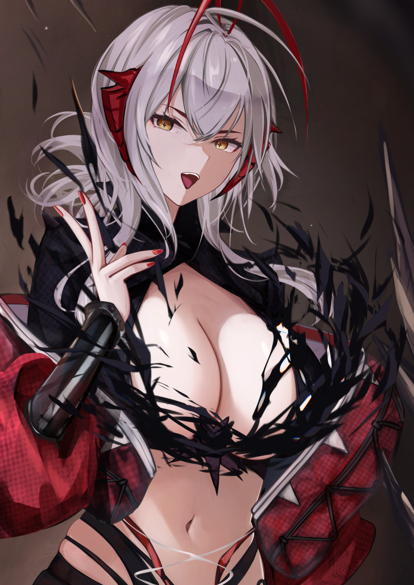 absurdres antenna_hair arknights breasts cleavage commentary female hand_up highres horns jacket kyuu_(q_des9) large_breasts long_hair looking_at_viewer midriff multicolored_hair nail_polish navel off_shoulder open_mouth red_hair red_horns red_jacket red_nails solo standing torn_clothes two-tone_hair upper_body w_(arknights) white_hair wis'adel_(arknights) yellow_eyes