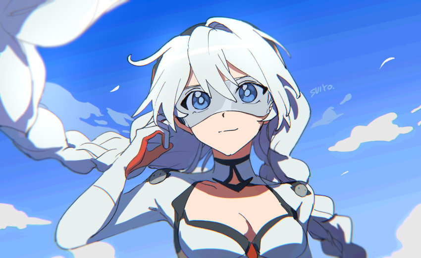 artist_name battlesuit blue_eyes blue_sky bodysuit braid breasts cleavage cleavage_cutout closed_mouth clothing_cutout collarbone day english_commentary female goggles hair_between_eyes highres honkai_(series) honkai_impact_3rd kiana_kaslana kiana_kaslana_(white_comet) long_hair long_sleeves looking_at_viewer outdoors sky smile solo twin_braids uehara_suiyo upper_body white_bodysuit white_hair