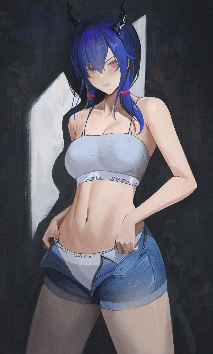 absurdres arknights blue_hair breasts ch'en_(arknights) cleavage commentary cowboy_shot denim denim_shorts dragon_horns english_commentary female grey_panties grey_sports_bra hair_between_eyes highres horns long_hair looking_at_viewer medium_breasts midriff navel open_clothes open_fly open_shorts panties rasipan red_eyes short_shorts shorts solo sports_bra standing underwear