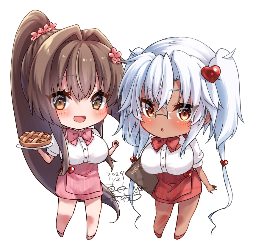 2girls absurdres alternate_costume bow bowtie breasts brown_eyes brown_hair cherry_blossoms chibi dark-skinned_female dark_skin flower food glasses grey_hair hair_between_eyes hair_flower hair_intakes hair_ornament heart heart_hair_ornament highres holding holding_food holding_menu holding_plate huge_breasts kantai_collection large_breasts long_hair mashiro_yukiya menu miniskirt multiple_girls musashi_(kancolle) musashi_kai_ni_(kancolle) pie pink_bow pink_bowtie pink_skirt plate ponytail red_bow red_bowtie red_skirt sidelocks skirt twintails very_long_hair waitress yamato_(kancolle)