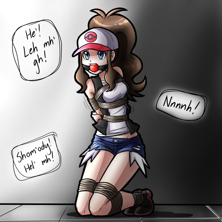 arms_behind_back ball_gag bondage bondage bondage bound bound_arms collarbone female gag gagged hat highres hilda_(pokemon) long_hair magnolia-baillon motion_lines original peril pokemon restrained rope solo struggling