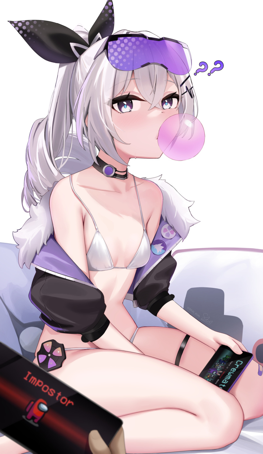 ? ?? bikini black_jacket breasts cellphone chewing_gum eyewear_on_head female fur-trimmed_jacket fur_trim grey_hair highres holding holding_phone honkai:_star_rail honkai_(series) jacket long_hair looking_at_viewer phone purple_eyes silver_wolf_(honkai:_star_rail) skai_kun small_breasts solo sunglasses swimsuit thigh_strap thighs white_bikini