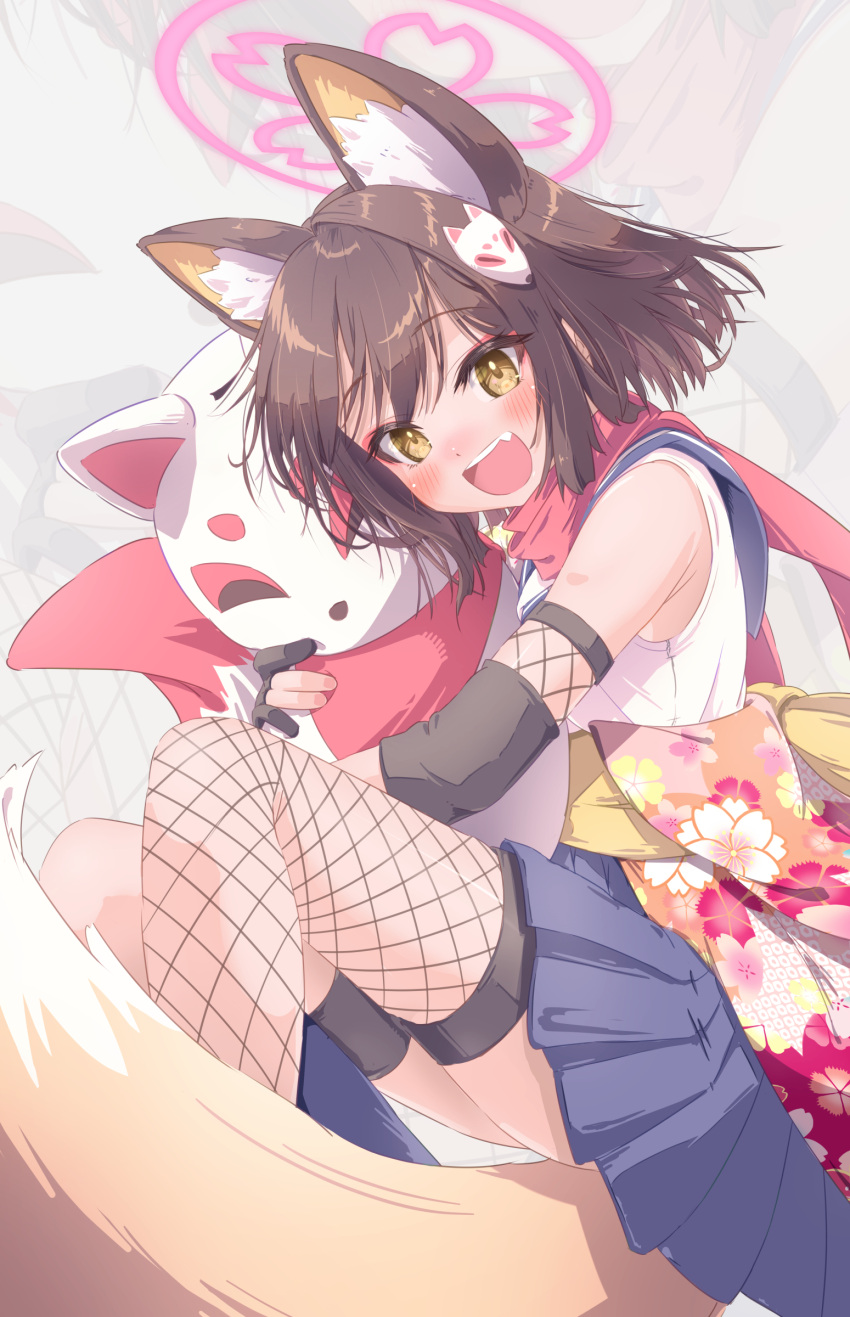 absurdres animal_ear_fluff animal_ears blue_archive blue_sailor_collar blue_skirt blush breasts brown_hair eyeshadow female fishnet_thighhighs fishnets fox_ears fox_girl fox_hair_ornament fox_shadow_puppet fox_tail hair_ornament halo highres izuna_(blue_archive) looking_at_viewer makeup open_mouth pink_eyeshadow pink_halo pink_scarf pom_pom_(clothes) pom_pom_hair_ornament red_scarf sailor_collar scarf shirt skirt sleeveless smile solo stuffed_toy tail thighhighs tomonx white_shirt yellow_eyes